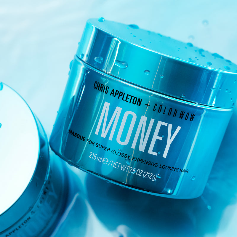 Blue hair mask jar with 'Chris Appleton + Color Wow Money Masque' branding on a blue background