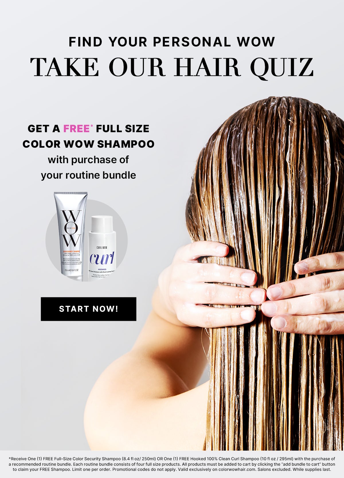 Promotional advertisement for a hair care product with a person holding their hair, text inviting to take a hair quiz and get a free shampoo.