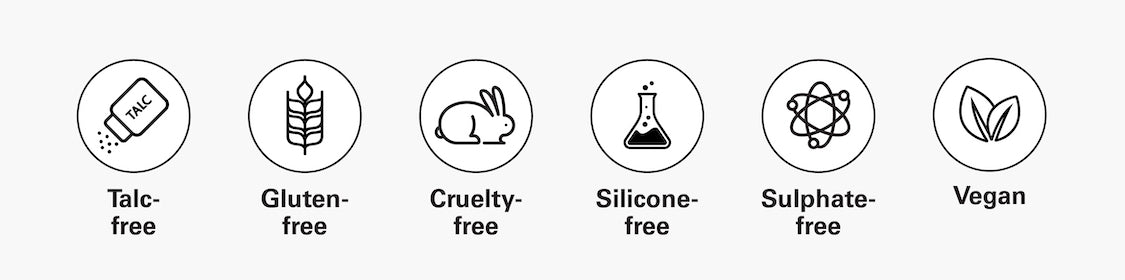 Talc-free; gluten-free; cruelty-free; silicone-free; sulphate-free; vegan