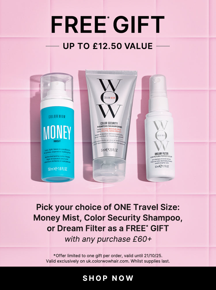 Three hair care products with a free gift offer on a pink background