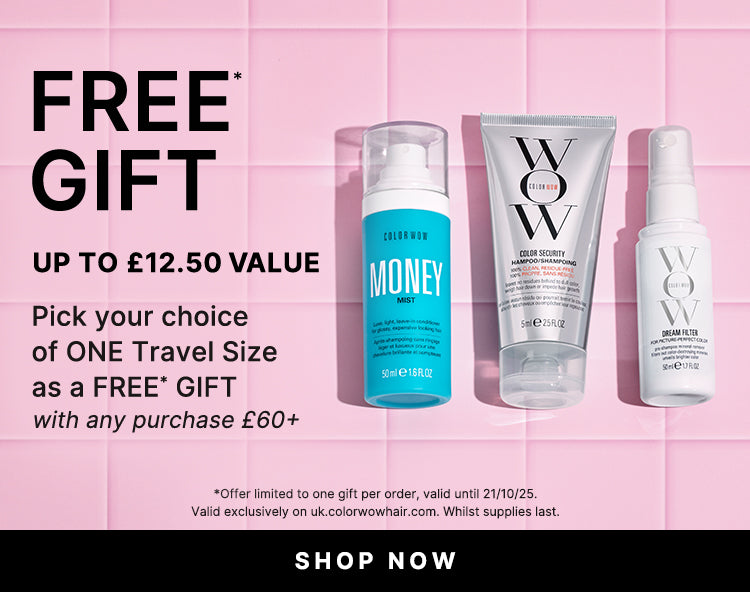 Three hair care products with 'FREE GIFT' text on a pink tiled background