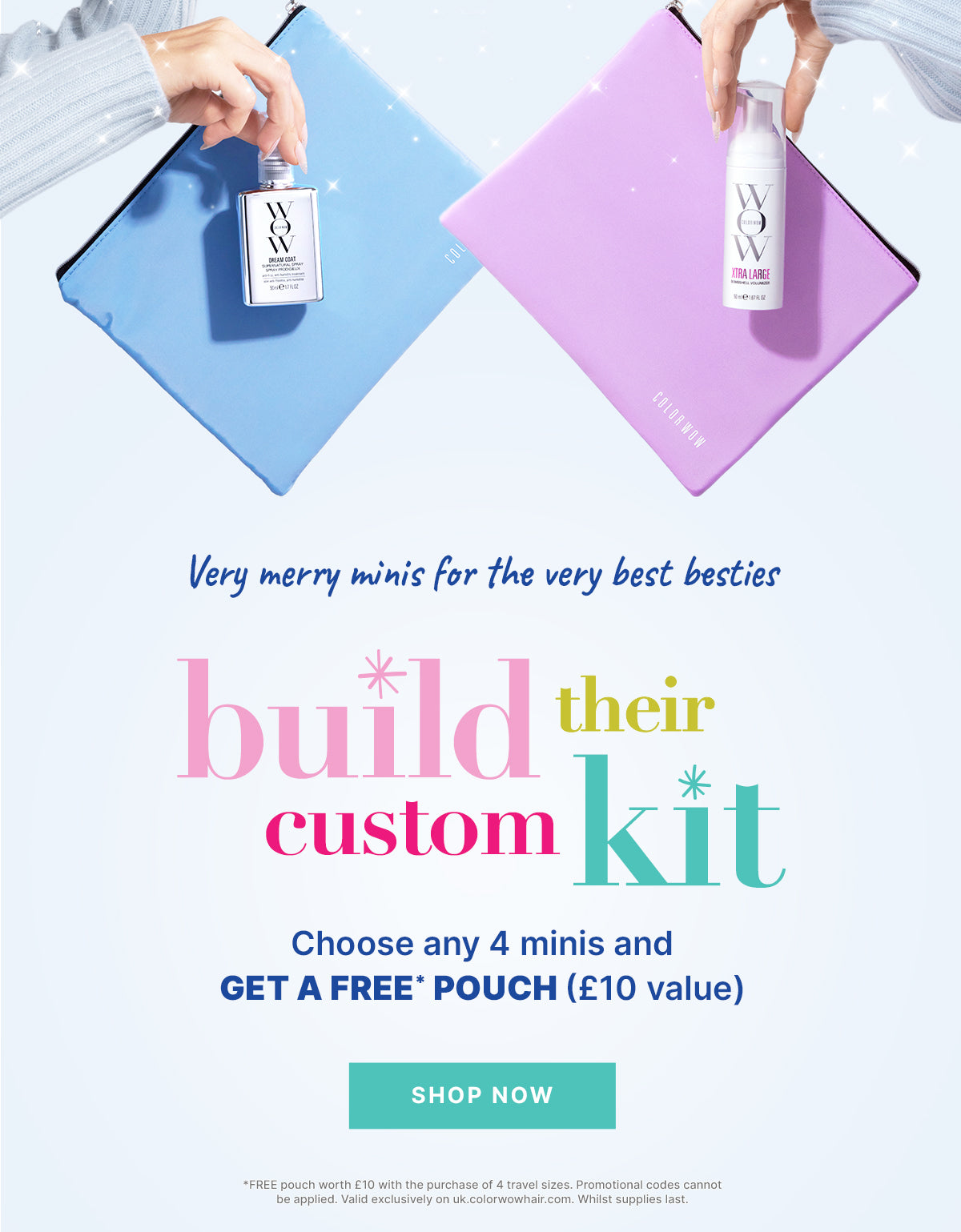 Advertisement for a Color Wow 'build your own custom kit' product promotion with two bottles.