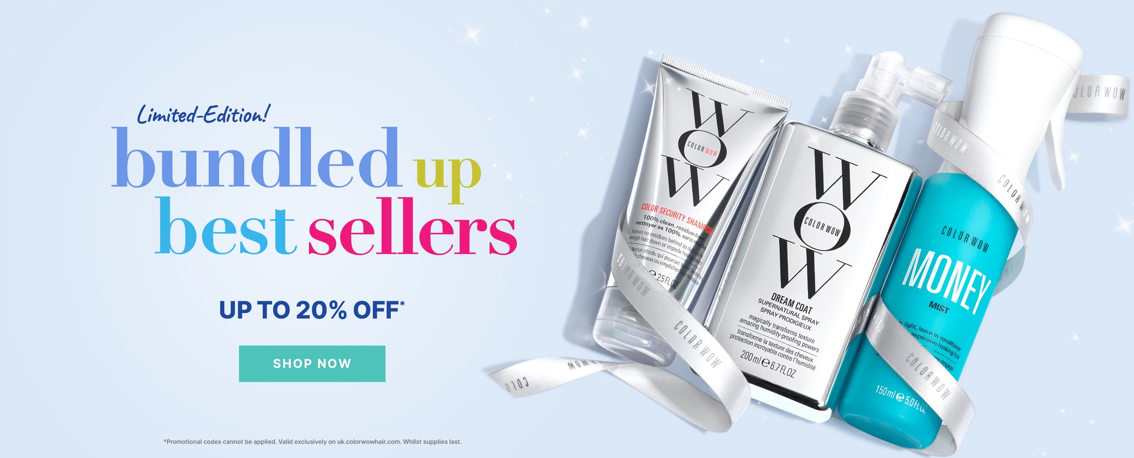 Promotional banner for 'bundled up best sellers' with COLOR WOW products on a light blue background.