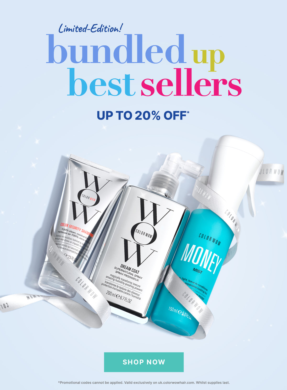 Promotional banner for 'bundled up best sellers' with COLOR WOW products on a light blue background.