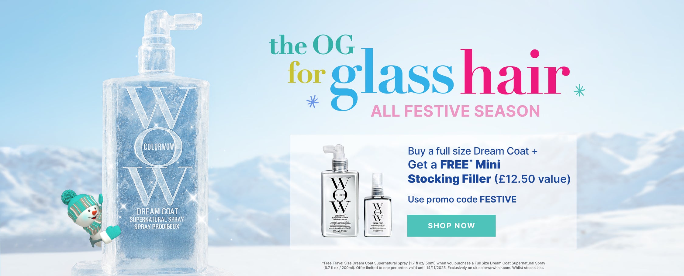 WOW hair care product with promotional text for a festive season offer on a snowy background