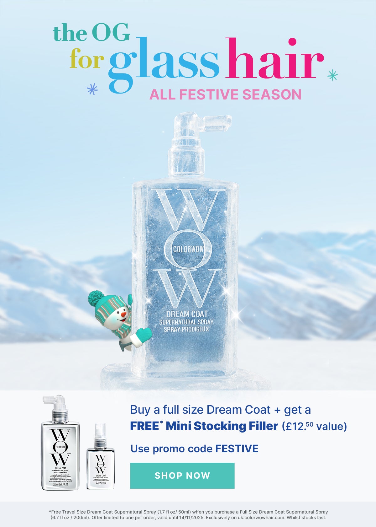 Advertisement for COLOR WOW hair care product with a blue bottle and promotional text on a light blue background.