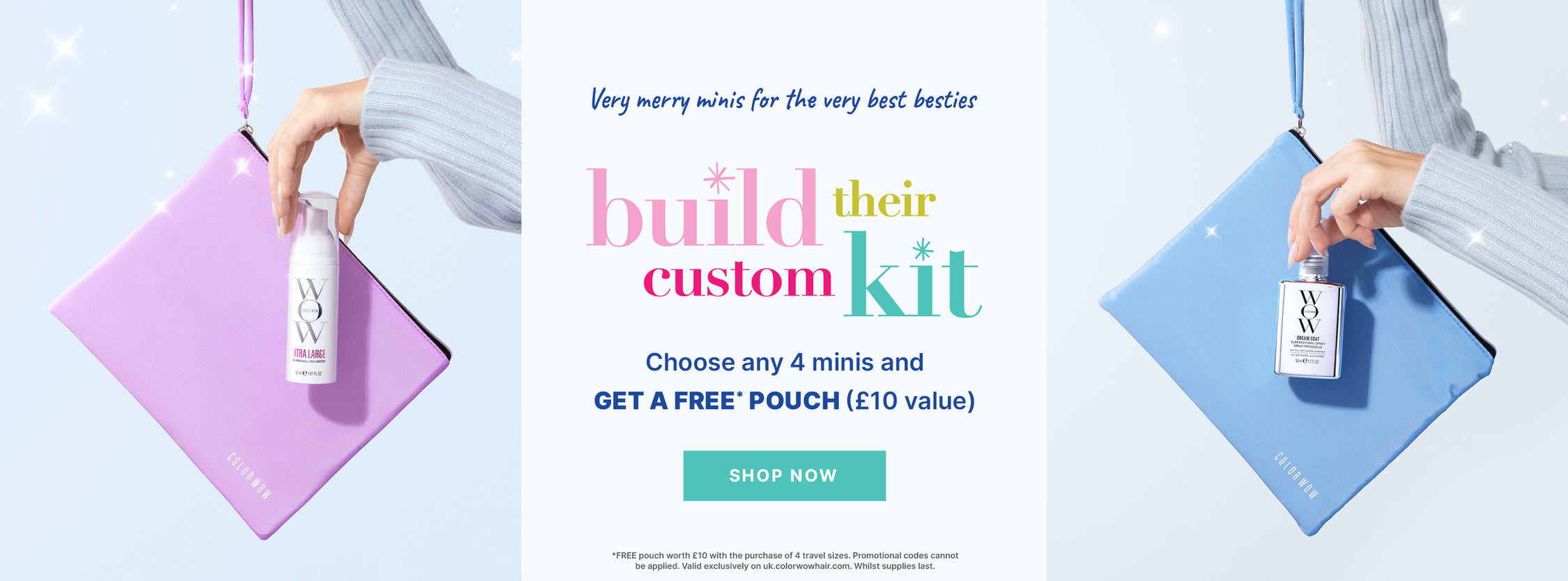Promotional banner for a custom kit offer with two hands holding pink and blue pouches.