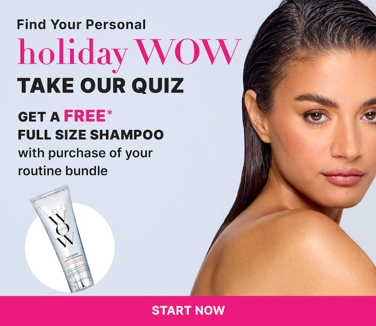 Promotional advertisement for a shampoo product with a woman's face and text about a holiday quiz and free full-size shampoo offer.