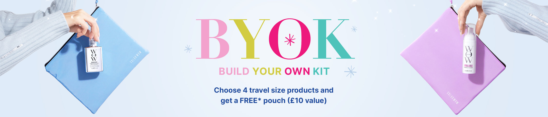 Promotional banner for BYOK with two hands holding travel-sized products and a free pouch offer.