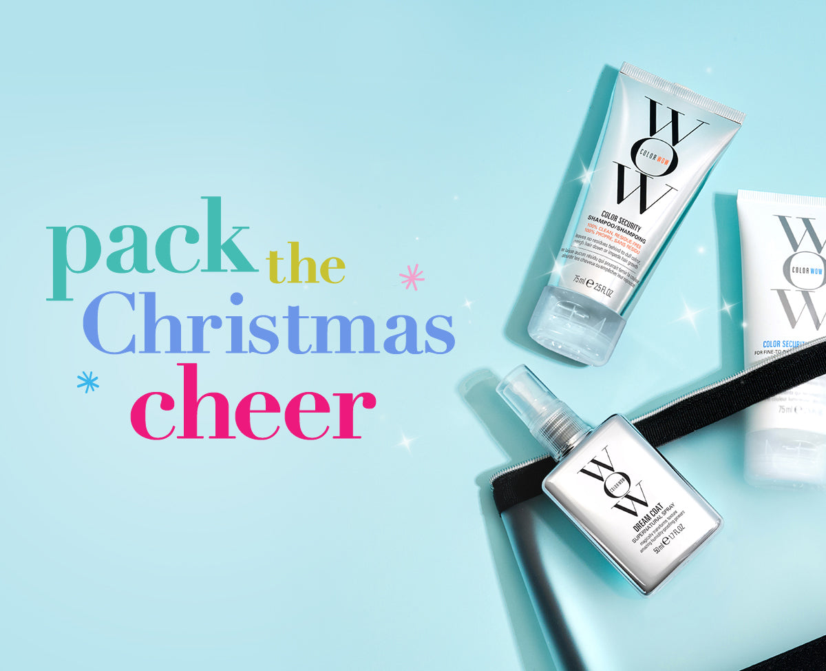 COLOR WOW products with 'pack the Christmas cheer' text on a light blue background