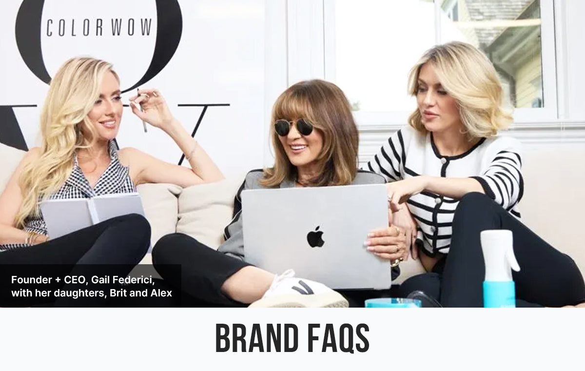 Founder and CEO Gail Federici, center, sits on a white couch with her daughters Brit and Alex. Gail holds a silver MacBook and wears sunglasses and a black outfit. Brit, left, holds a notepad and pen, while Alex, right, gestures mid-conversation. Bold black text reads “BRAND FAQS” on the right.
