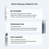 Promotional image of WOW Hairspray with product features and benefits on a light gray background.
