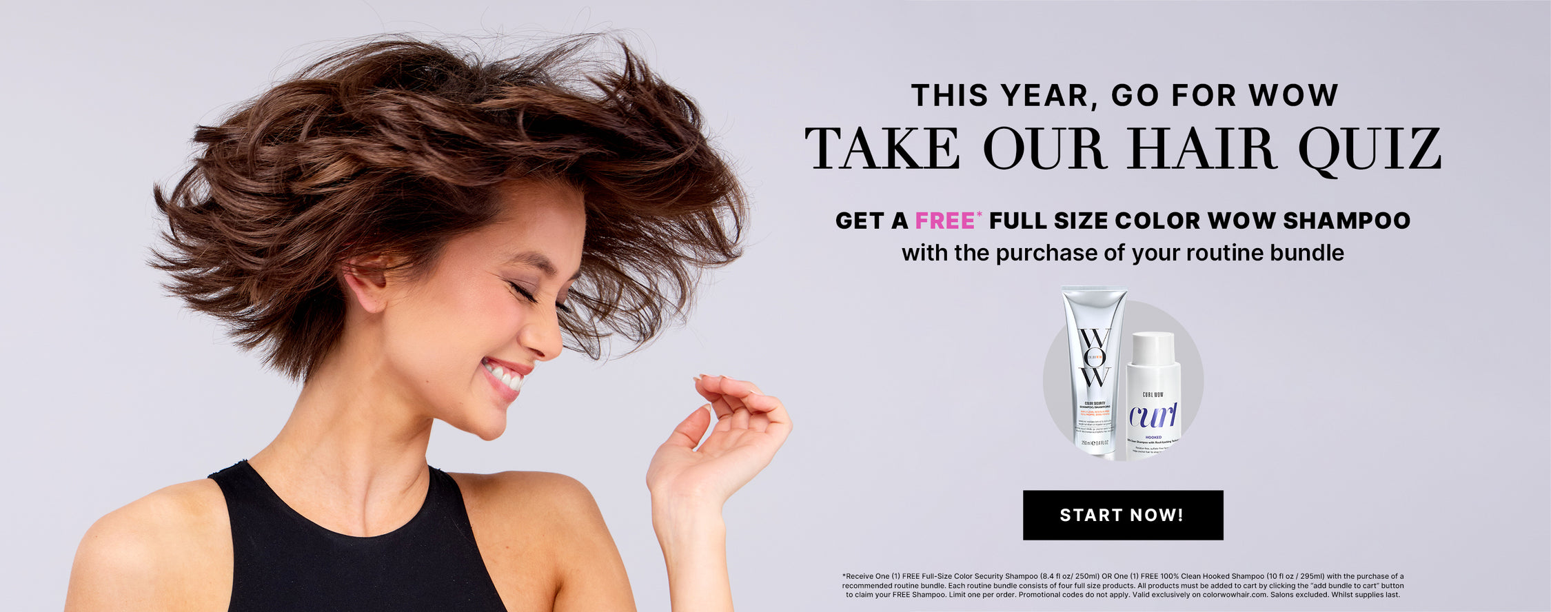 Model shaking her hair next to full-size Hooked and Color Security shampoos, promoting a free full-size shampoo with a routine bundle recommended by the hair quiz.