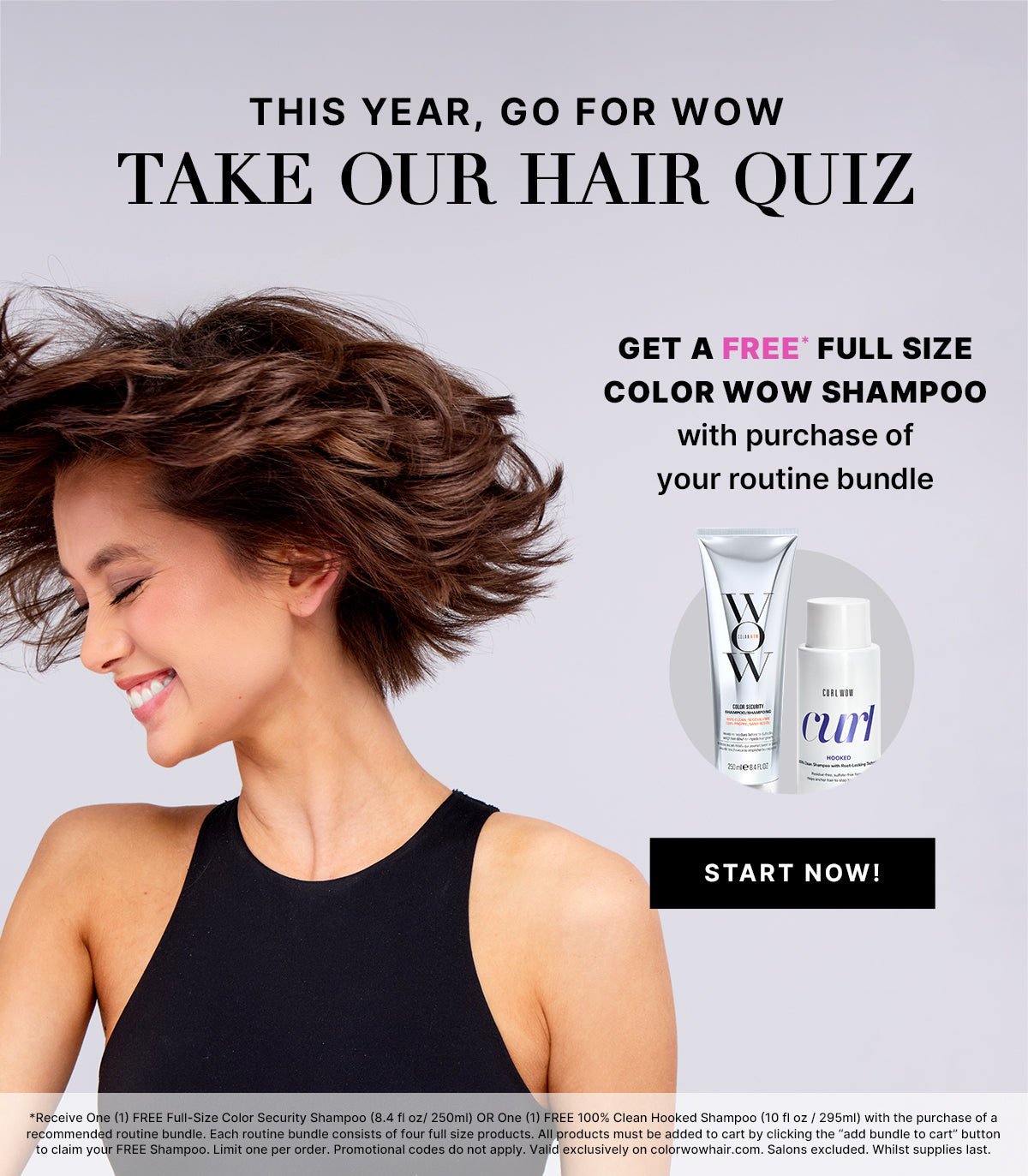 Model shaking her hair next to full-size Hooked and Color Security shampoos, promoting a free full-size shampoo with a routine bundle recommended by the hair quiz.