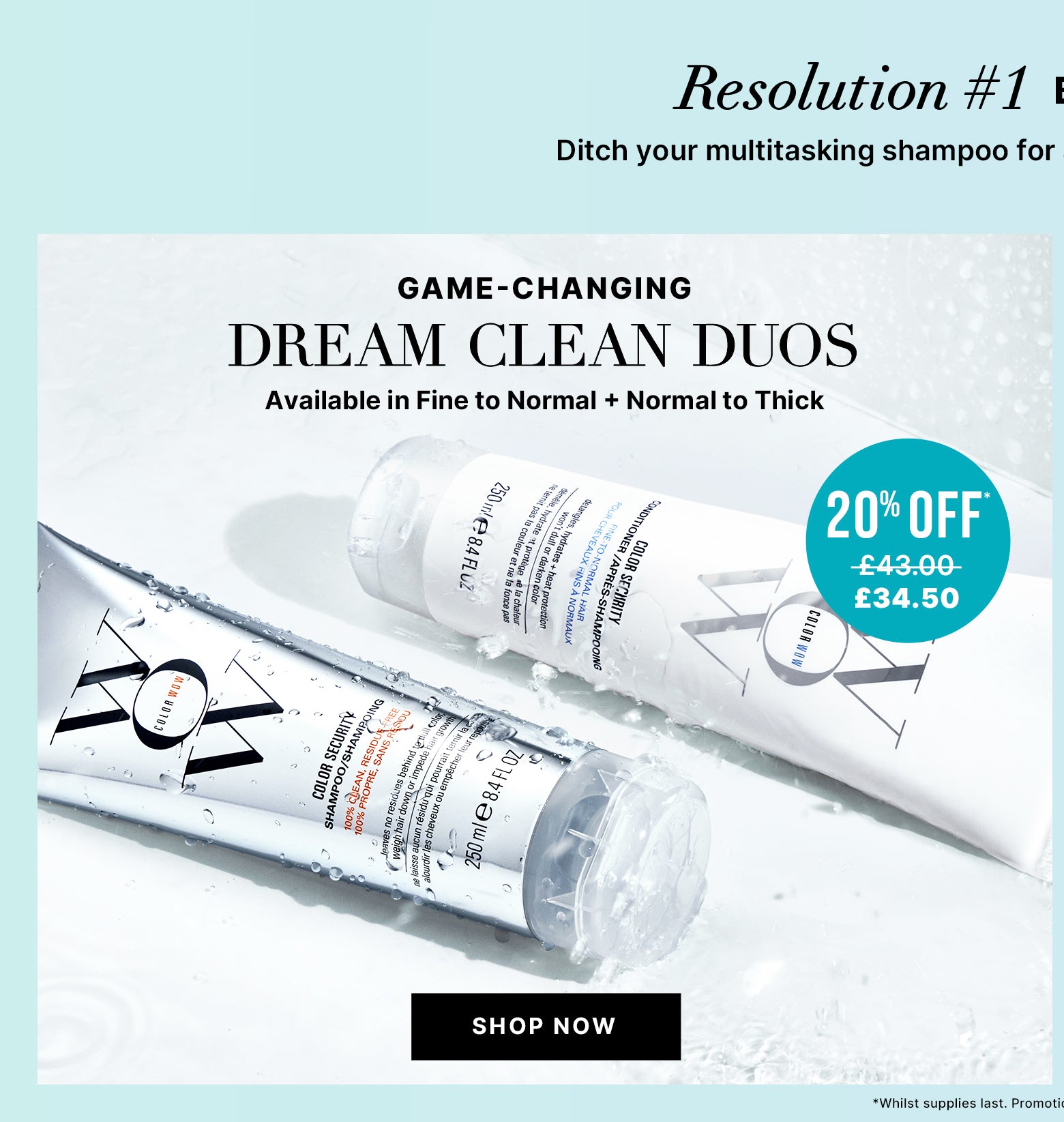 A Color Security shampoo and conditioner bundle, shown with 20% off promotion and Shop Now call to action.