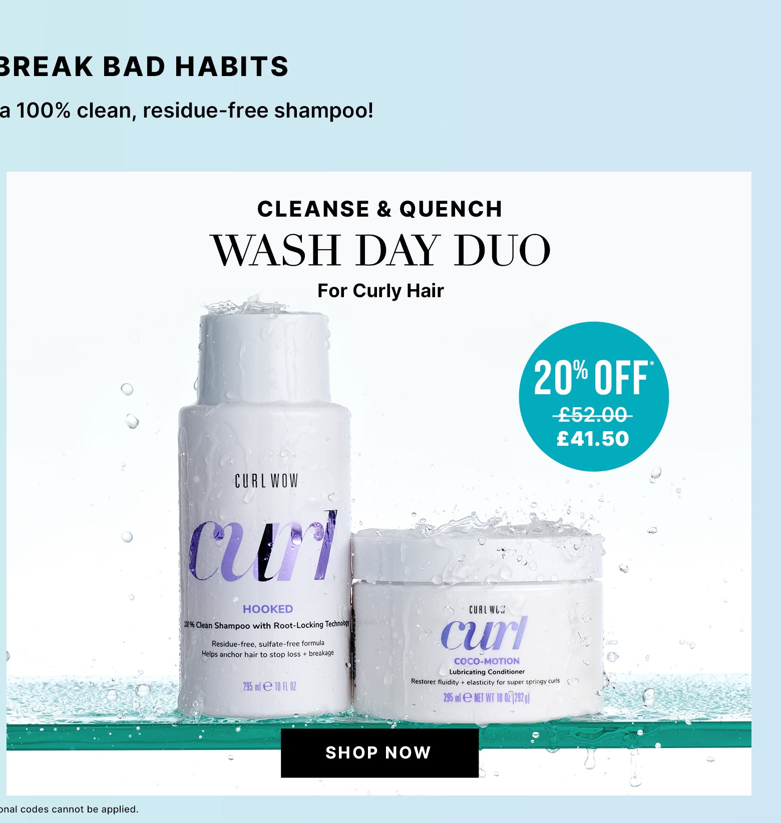 A Curl shampoo and conditioner bundle, shown with 20% off promotion and Shop Now call to action.