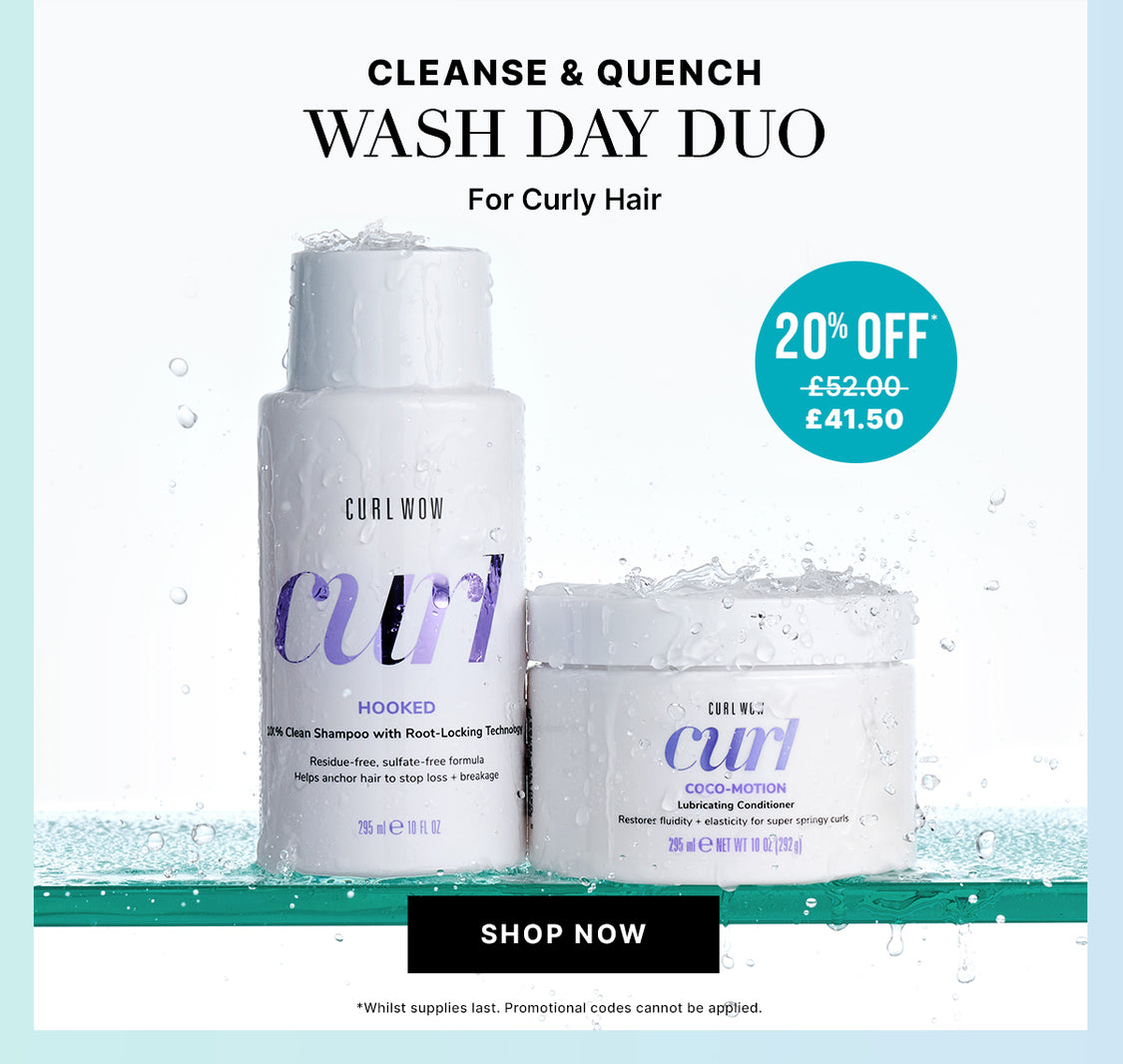 A Curl shampoo and conditioner bundle, shown with 20% off promotion and Shop Now call to action.