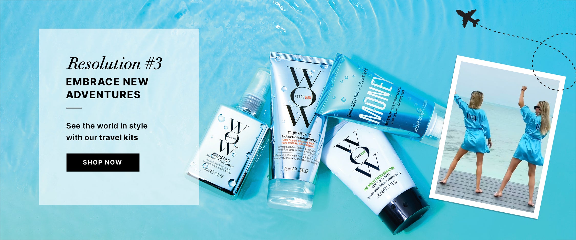 Travel-size hair care featuring miniature Money Masque, Color Security Shampoo, One Minute Transformation, and Dream Coat Supernatural Spray.