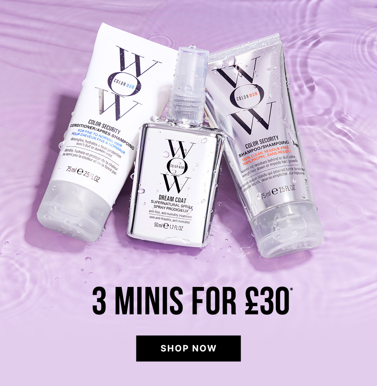 Promotional banner featuring miniature Color Security Conditioner (Fine to Normal), Dream Coat Supernatural Spray and Color Security Shampoo. Large headline reads 3 Minis for £30. Button reads SHOP NOW.