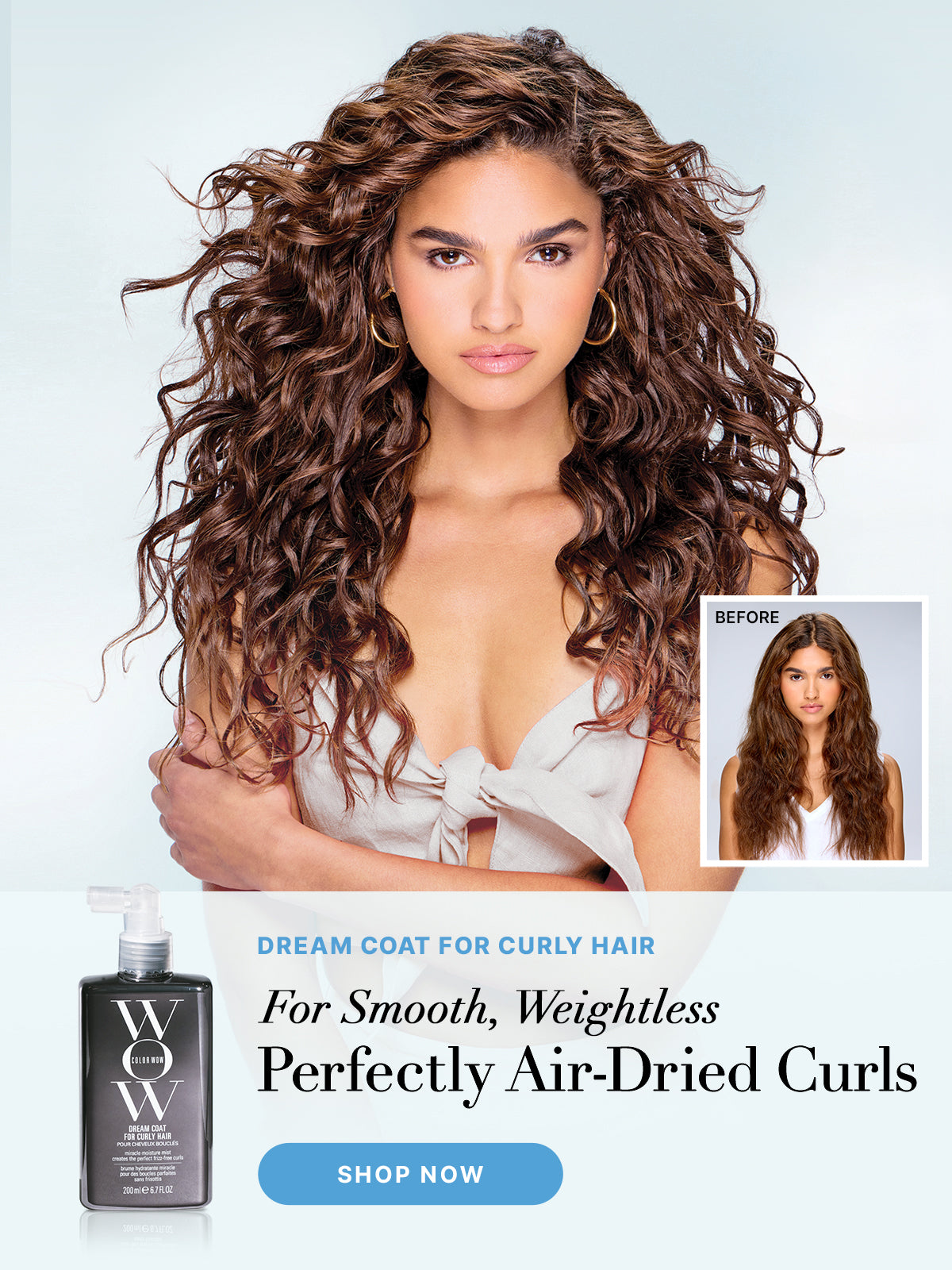 Color Wow Dream Coat for Curly Hair promotional banner. Before and after images show a model with frizzy hair transformed into defined, voluminous air-dried curls. Text highlights smooth, weightless results. Includes a Shop Now button.