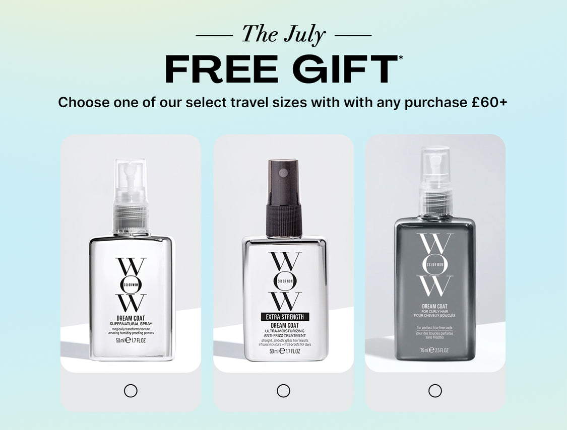 Color Wow July Free Gift promotional banner. Offer: Choose one free select travel-size product with any purchase of 60 pounds or more. Visual shows Dream Coat Supernatural Spray, Extra Strength, and For Curly Hair travel sizes as options.