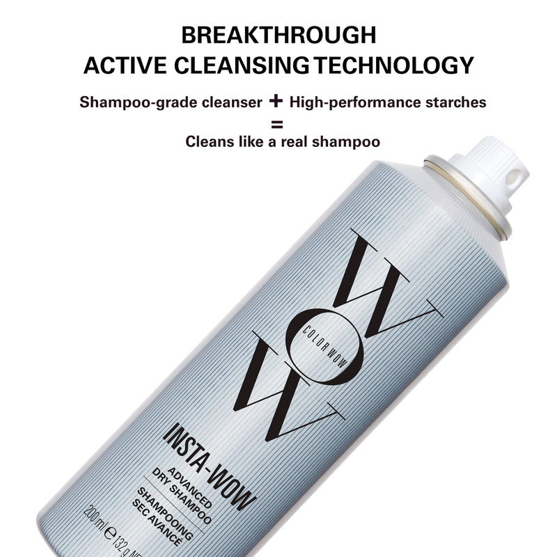 Insta-Wow dry shampoo can with text about active cleansing technology on a white background