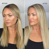 Before and after comparison of a woman with long blonde hair who has used Insta-WOW, against a plain background.