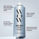 Insta-Wow dry shampoo can with features listed on a light gray background