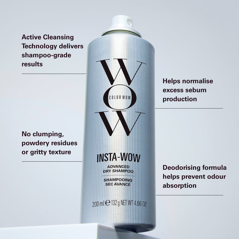 Insta-Wow dry shampoo can with features listed on a light gray background