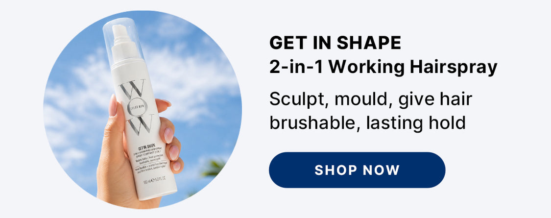 Advertisement for Color Wow Get In Shape, a white bottle, with a sky background and text 'Sculpt Mould give hair brushable lasting hold' with a 'Shop Now' button.
