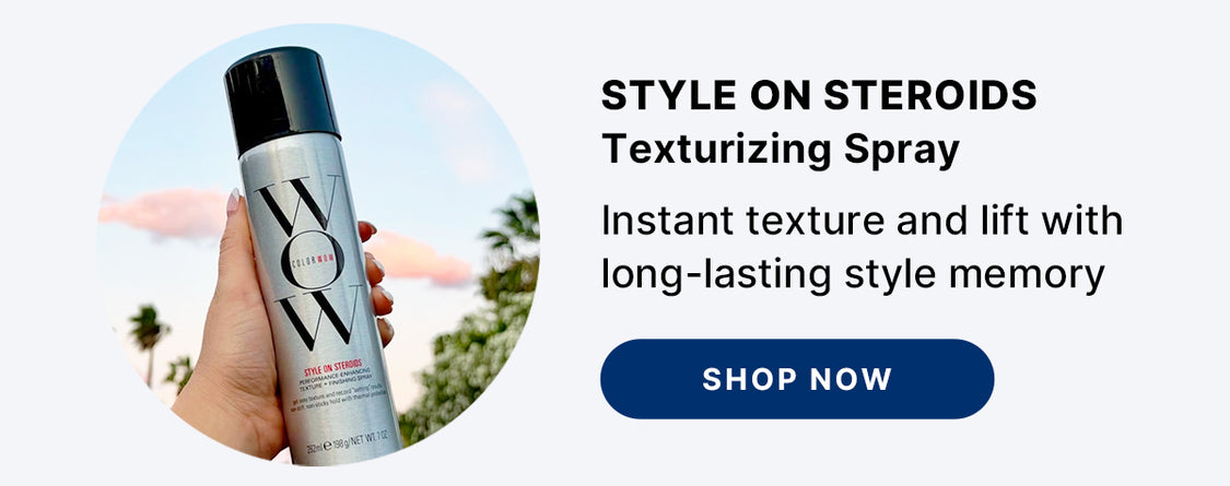Advertisement for Color Wow Style On Steroids Texturizing Spray in a silver aerosol can, promoting instant texture and lift with long-lasting style memory, and a 'Shop Now' button.
